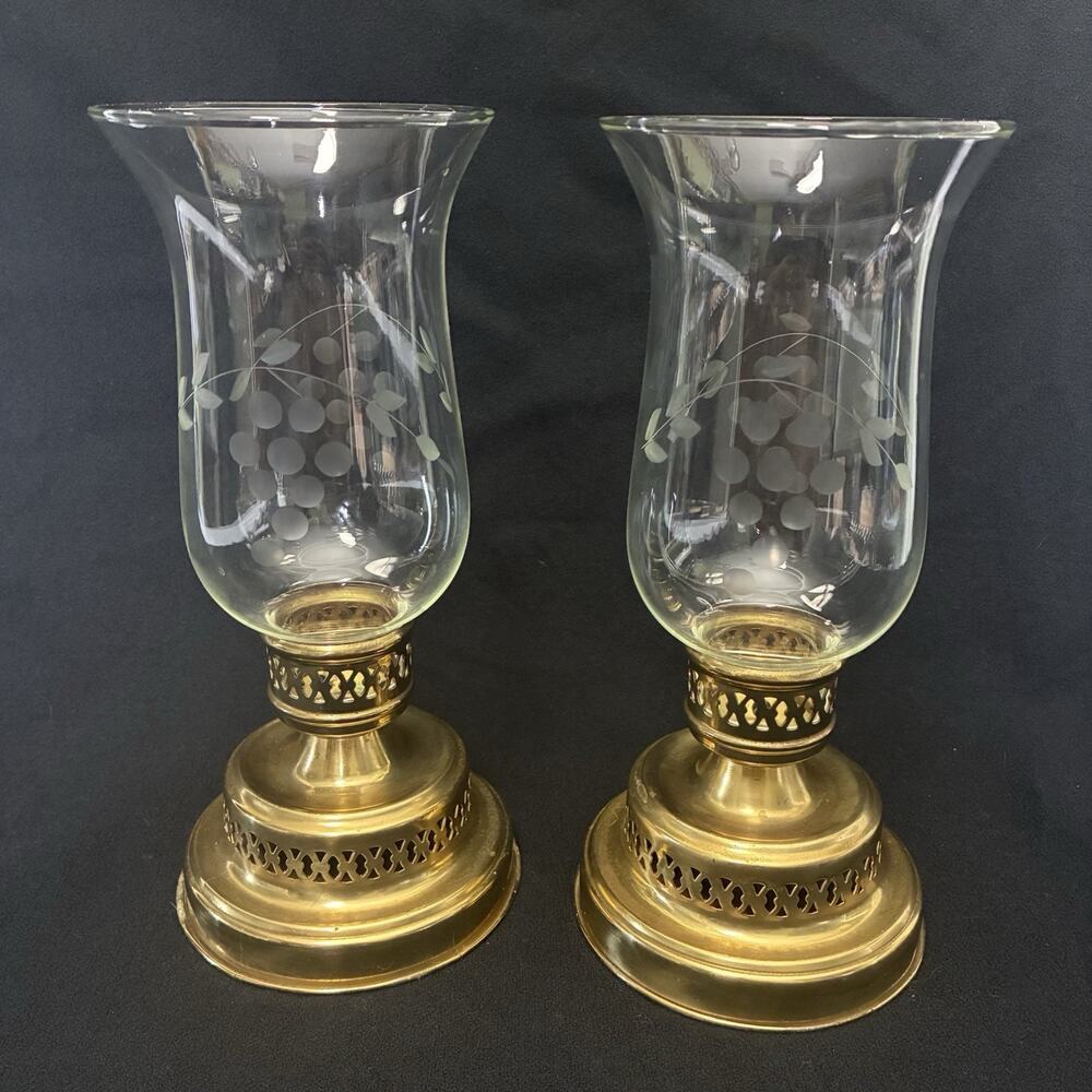 Pair of Etched Glass Grapevine Brass Hurricane Lamp Table Candlestick Holder